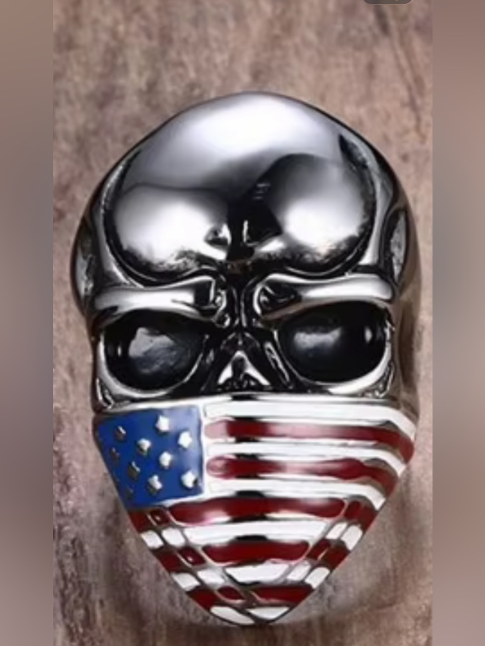 Men's Silver Skull Ring with American Flag Bandana